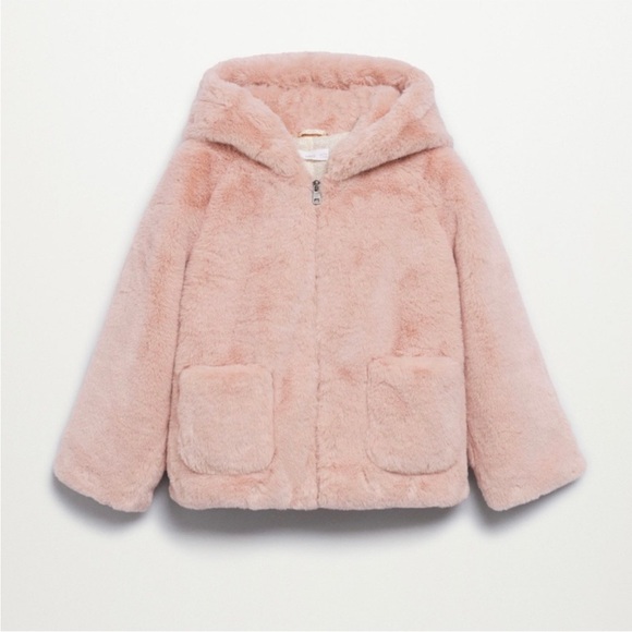 Mango Girls Hooded faux-fur Coat Pink Size:10 Years 140 cm